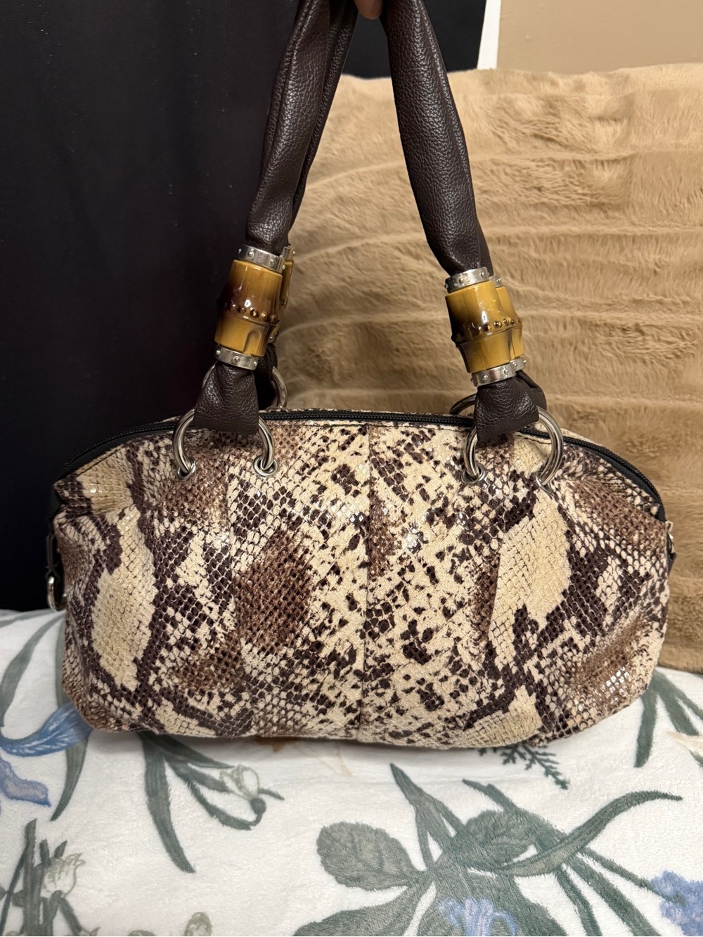 Vintage Melanie Lyne Snake Print Faux Bamboo Handle Satchel Bag | Y2K